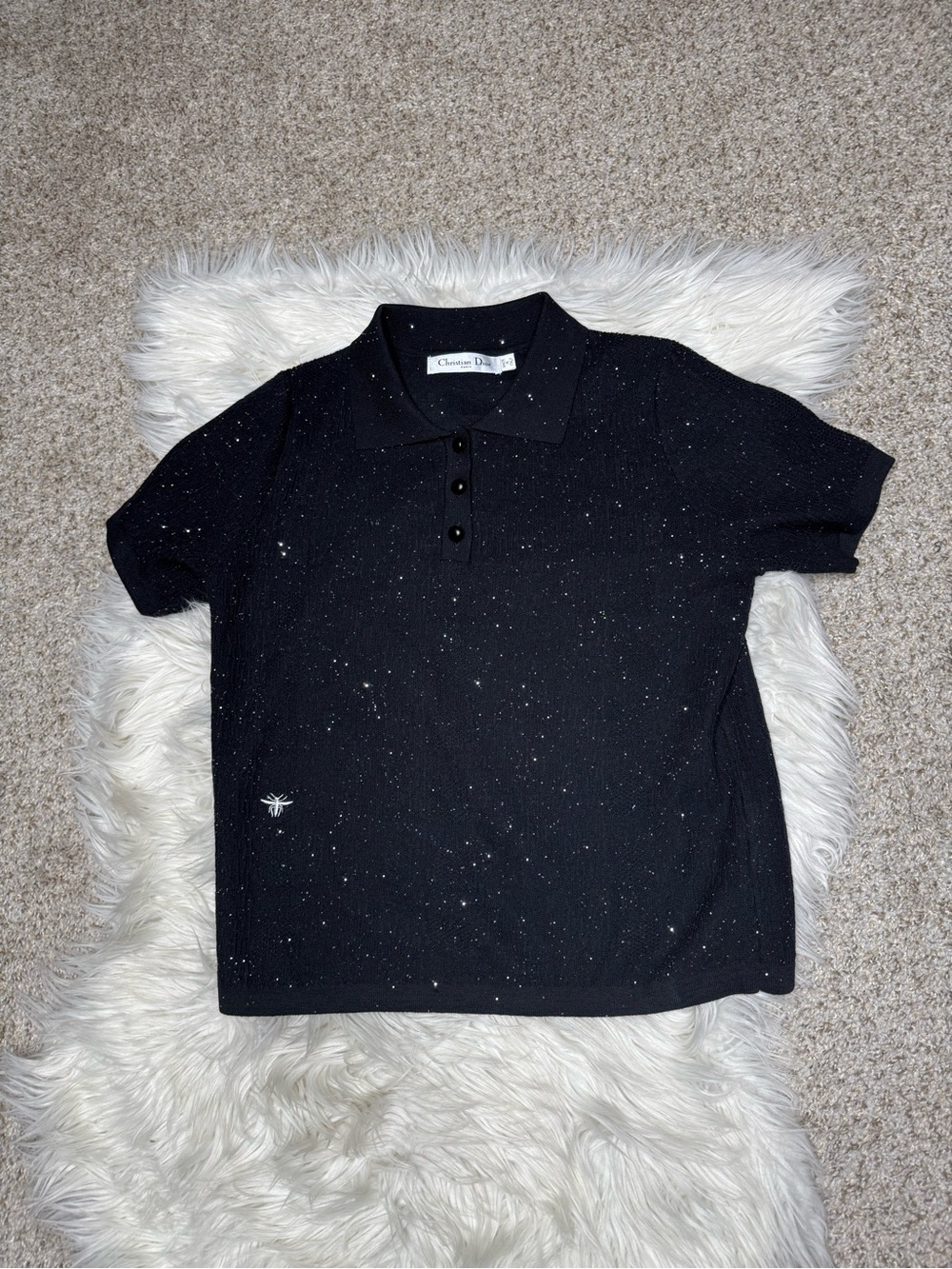 Christian Dior Paris Black Sparkle Polo with Bee Emblem Sz 8
